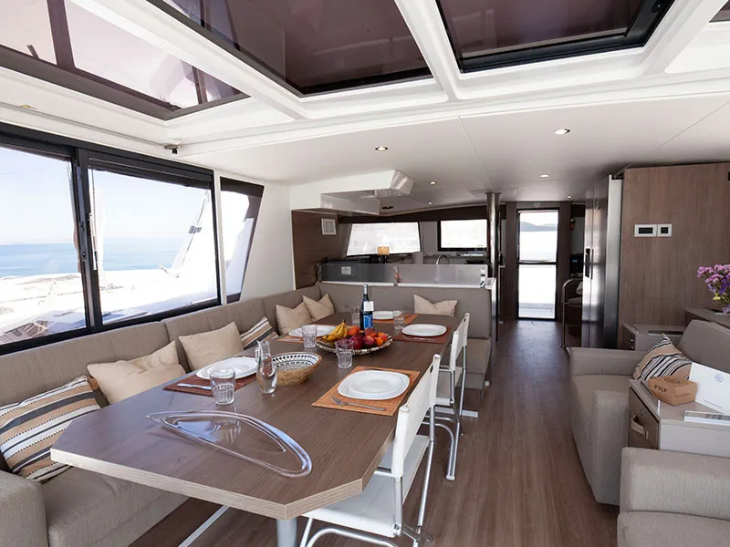 Salon of Neda, a Bali 4.6 catamaran at Agios Stefanos, Greece