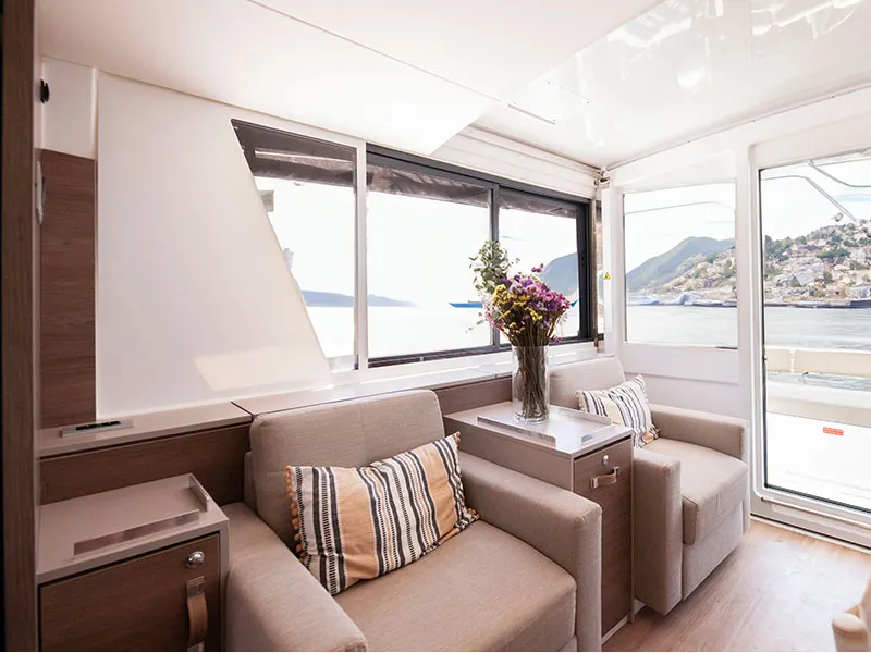 Salon of Neda, a Bali 4.6 catamaran at Agios Stefanos, Greece