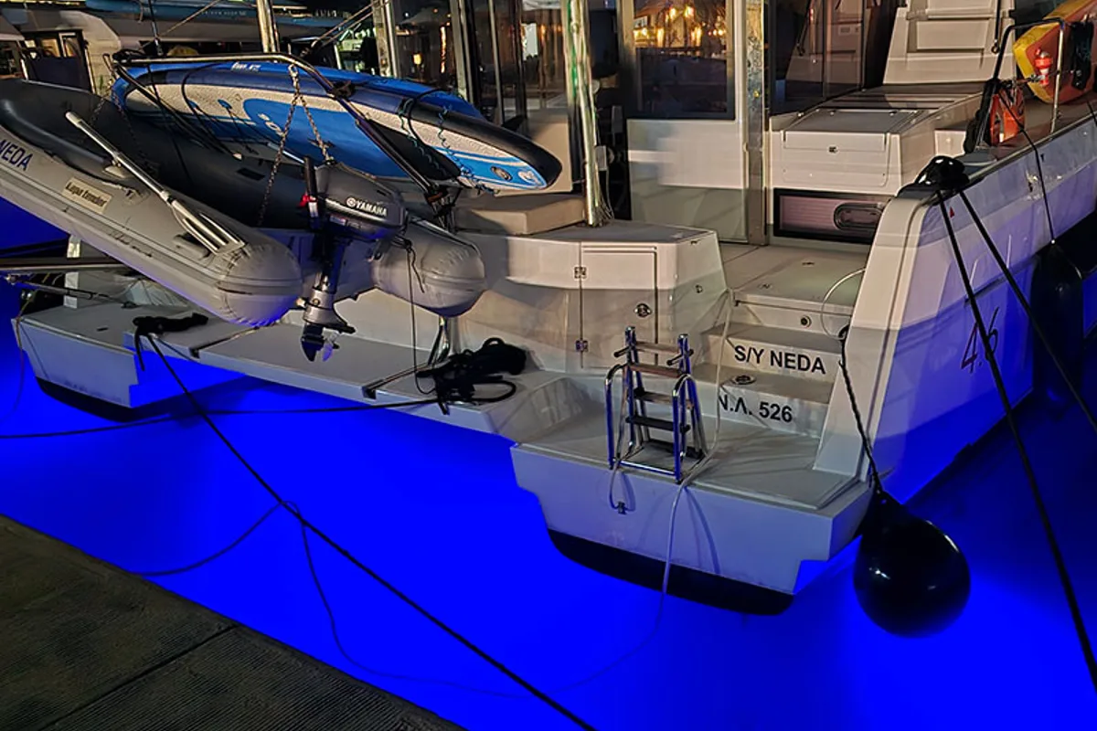 Exterior view of Neda, a Bali 4.6 catamaran at Agios Stefanos, Greece