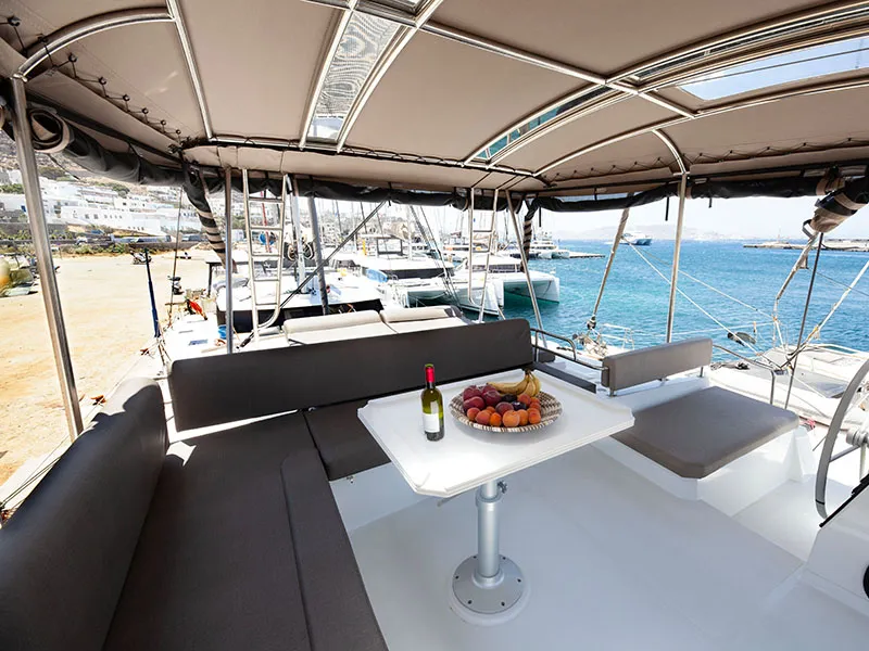 Deck of Neda, a Bali 4.6 catamaran at Agios Stefanos, Greece