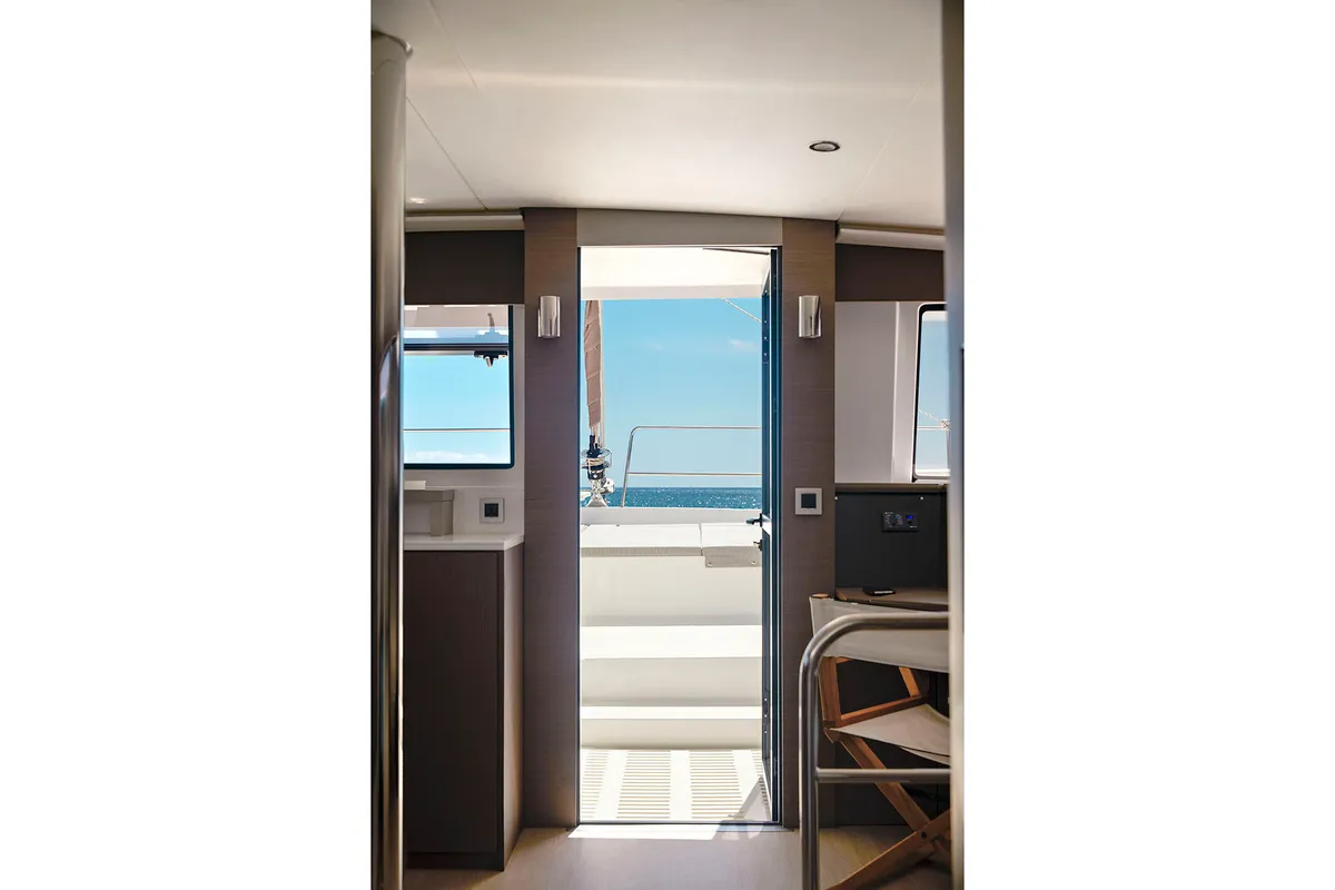 Salon of Neda, a Bali 4.6 catamaran at Agios Stefanos, Greece