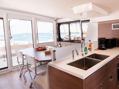 Galley of Neda, a Bali 4.6 catamaran at Agios Stefanos, Greece