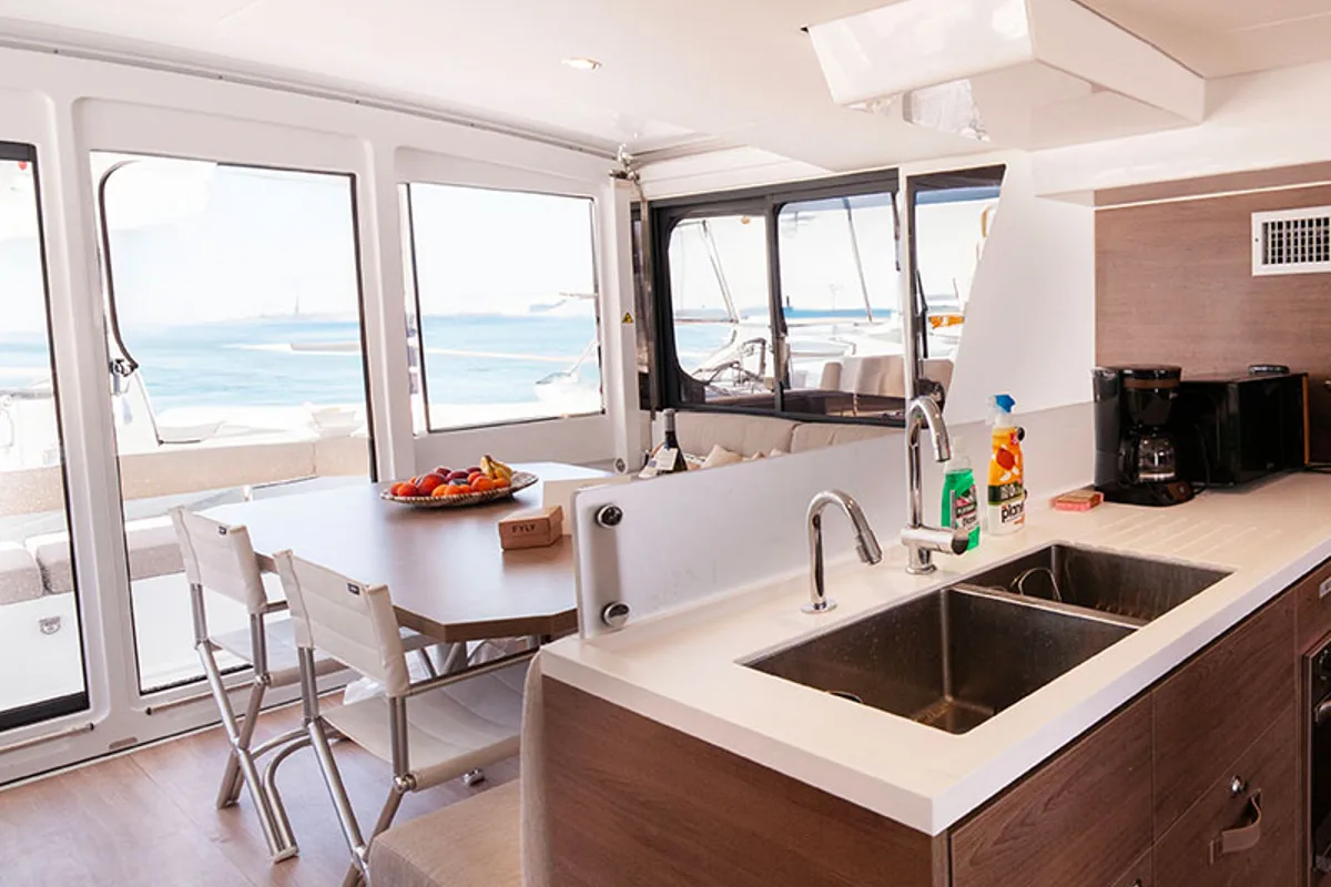 Galley of Neda, a Bali 4.6 catamaran at Agios Stefanos, Greece