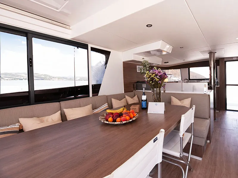 Salon of Neda, a Bali 4.6 catamaran at Agios Stefanos, Greece