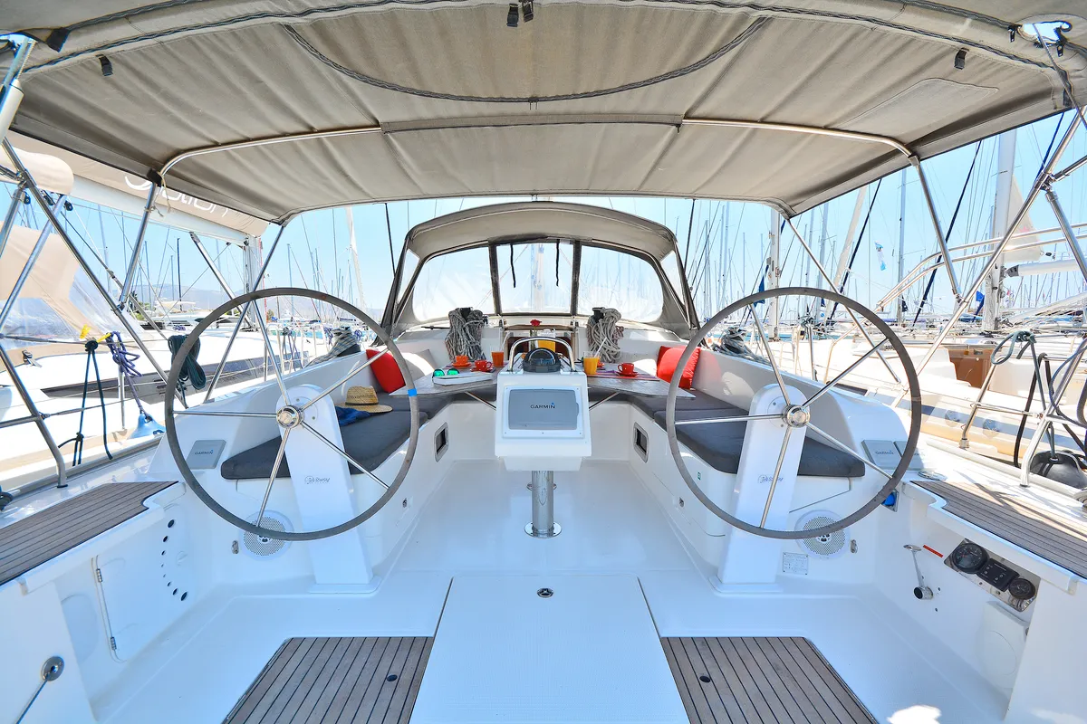 Cockpit of Artemis, a Bavaria Cruiser 46 sailboat at Athens, Greece