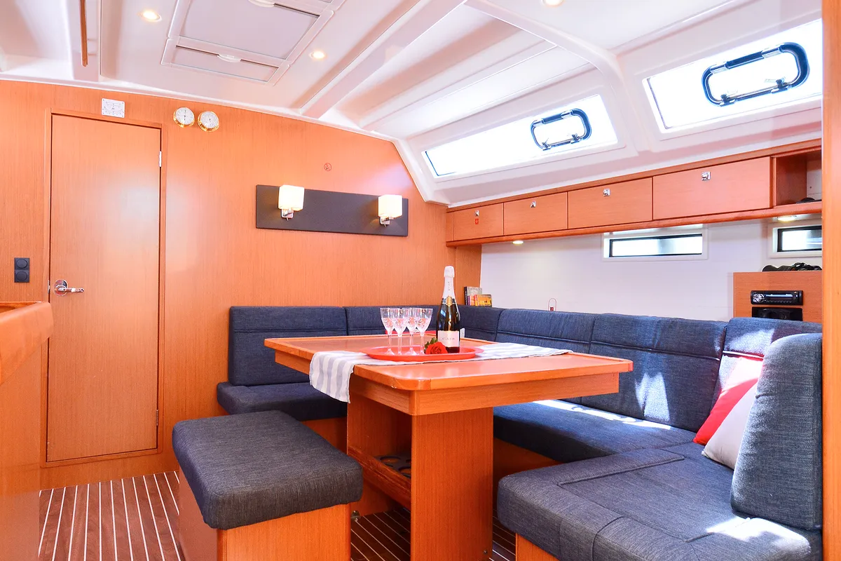 Salon of Artemis, a Bavaria Cruiser 46 sailboat at Athens, Greece