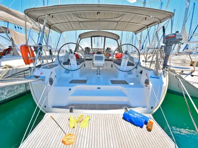 Cockpit of Artemis, a Bavaria Cruiser 46 sailboat at Athens, Greece