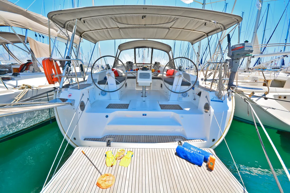 Cockpit of Artemis, a Bavaria Cruiser 46 sailboat at Athens, Greece