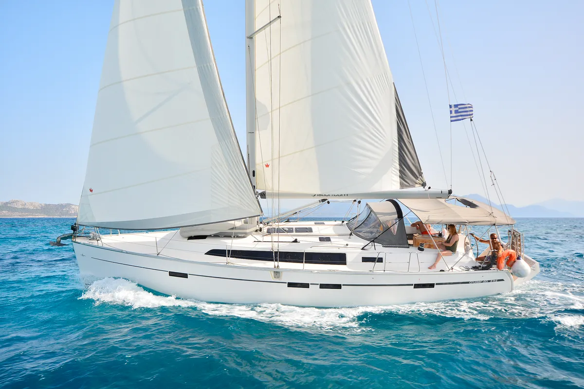 Exterior view of Artemis, a Bavaria Cruiser 46 sailboat at Athens, Greece