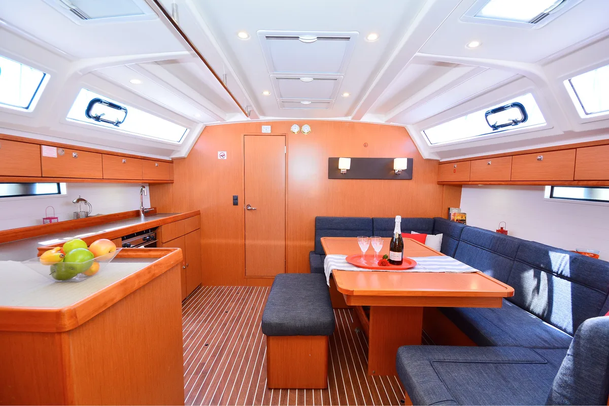 Salon of Artemis, a Bavaria Cruiser 46 sailboat at Athens, Greece