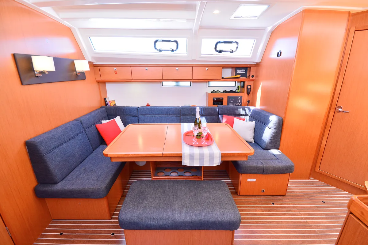 Salon of Artemis, a Bavaria Cruiser 46 sailboat at Athens, Greece