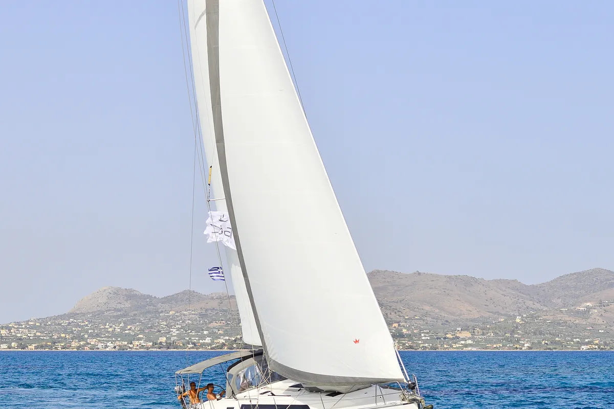 Exterior view of Artemis, a Bavaria Cruiser 46 sailboat at Athens, Greece