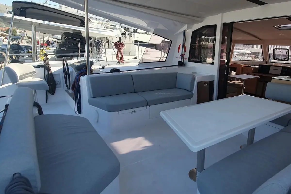Deck of Double Memory, a Nautitech 44 Open catamaran at Primošten, Croatia