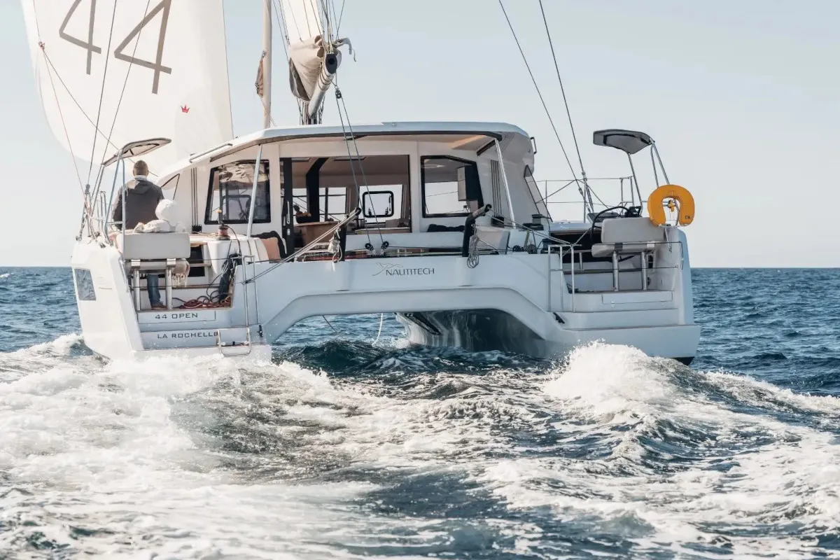 Exterior view of Double Memory, a Nautitech 44 Open catamaran at Primošten, Croatia