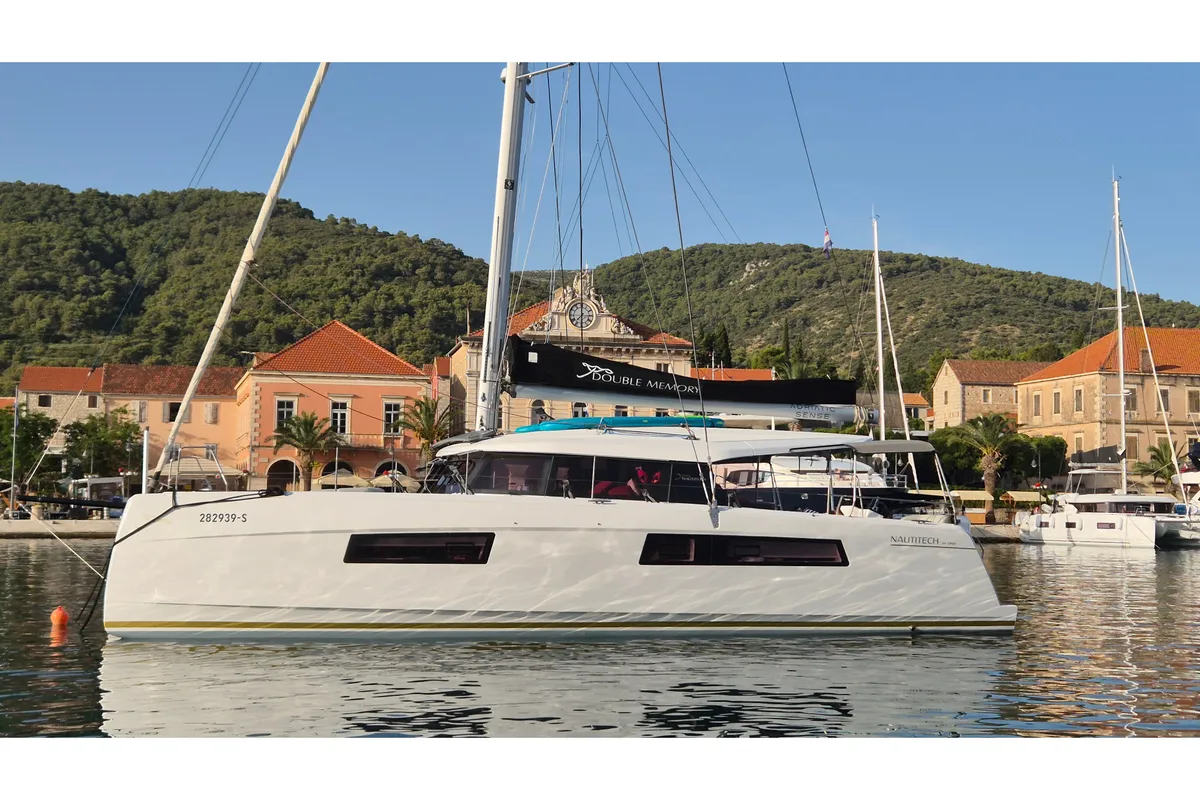 Exterior view of Double Memory, a Nautitech 44 Open catamaran at Primošten, Croatia