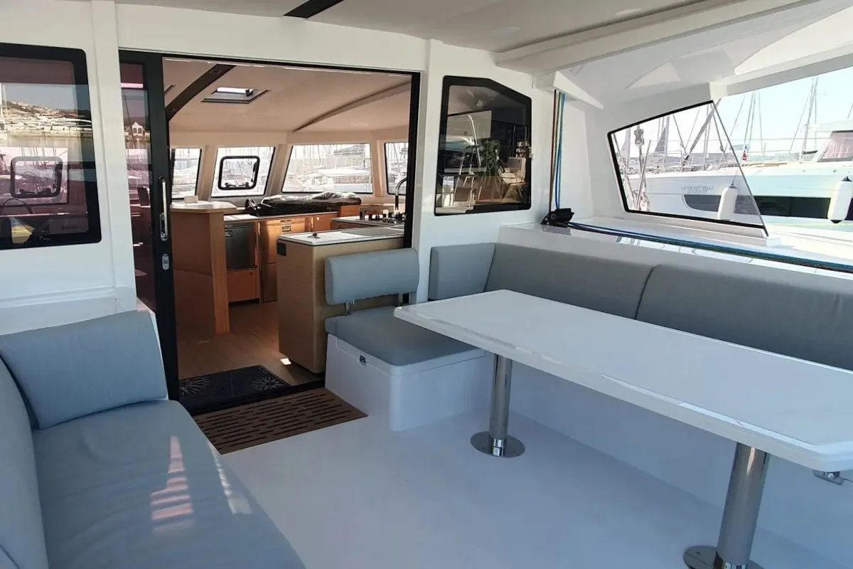 Deck of Double Memory, a Nautitech 44 Open catamaran at Primošten, Croatia