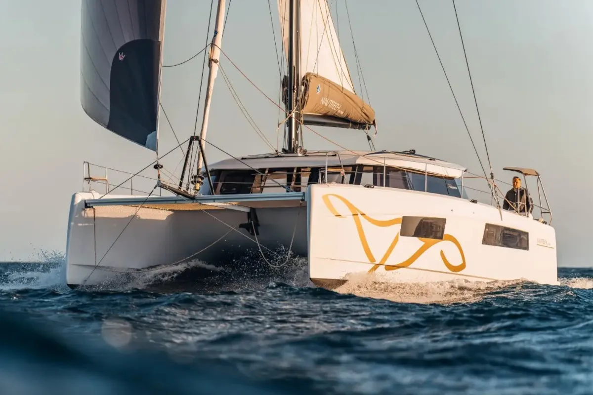 Exterior view of Double Memory, a Nautitech 44 Open catamaran at Primošten, Croatia
