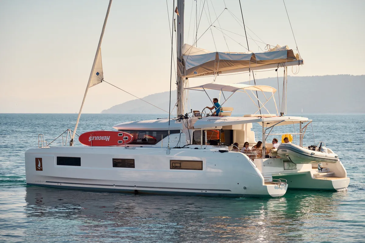 Exterior view of Galathea, a Lagoon 46 catamaran at Trogir, Croatia
