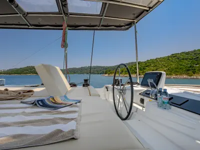 Cockpit of Galathea, a Lagoon 46 catamaran at Trogir, Croatia