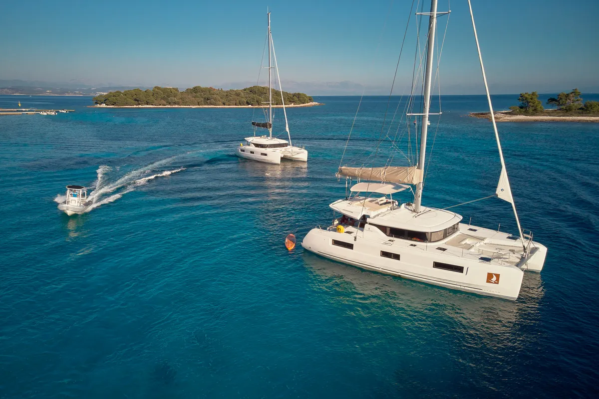 Exterior view of Galathea, a Lagoon 46 catamaran at Trogir, Croatia