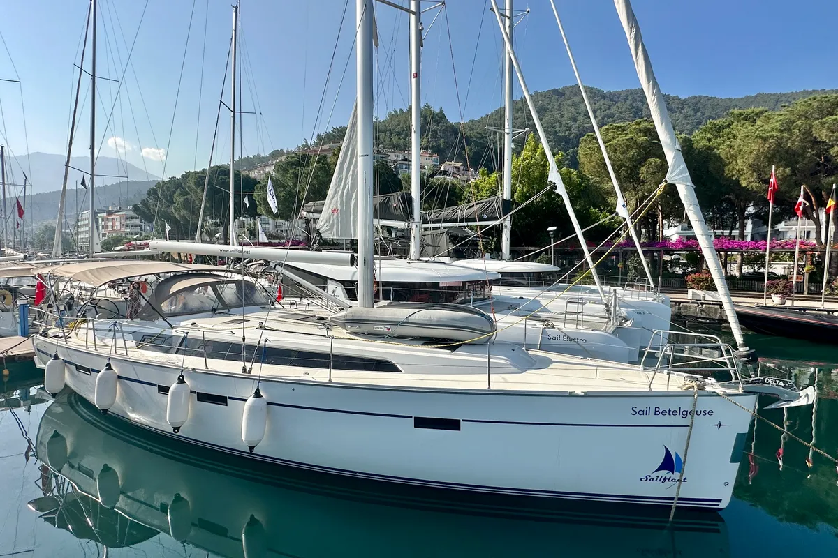 Exterior view of Sail Betelgeuse, a Bavaria Cruiser 46 sailboat at Fethiye, Turkey