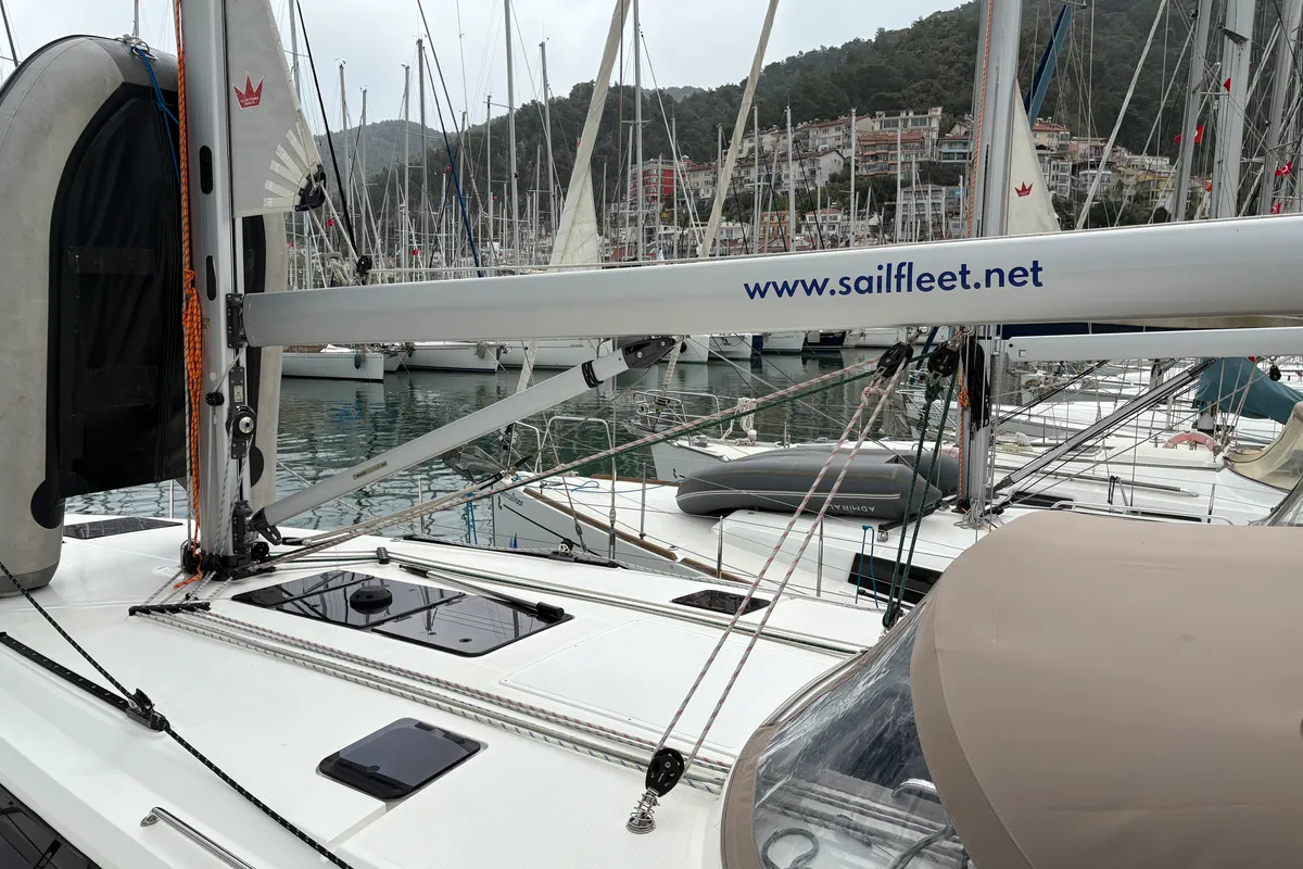Deck of Sail Betelgeuse, a Bavaria Cruiser 46 sailboat at Fethiye, Turkey