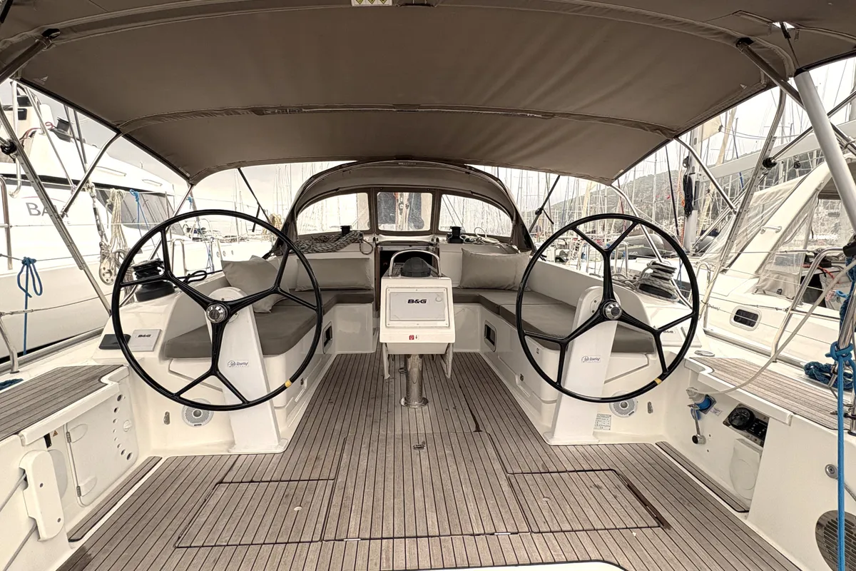 Cockpit of Sail Betelgeuse, a Bavaria Cruiser 46 sailboat at Fethiye, Turkey