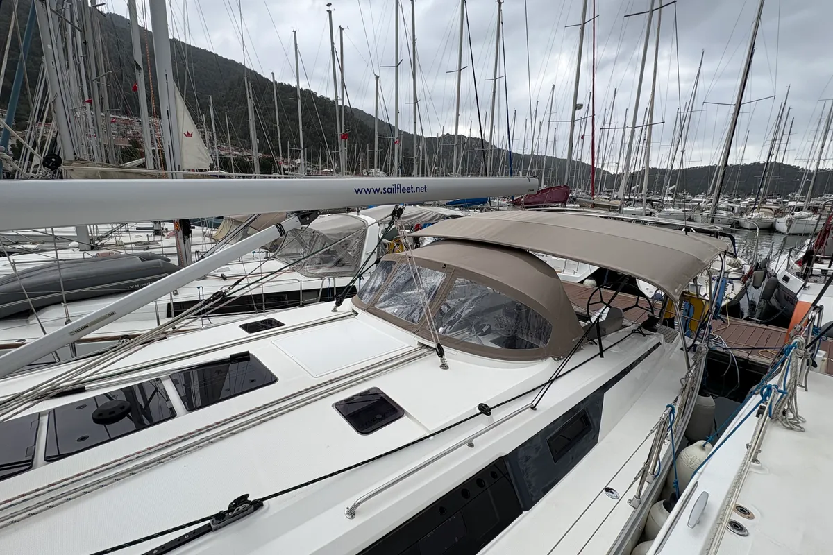 Deck of Sail Betelgeuse, a Bavaria Cruiser 46 sailboat at Fethiye, Turkey