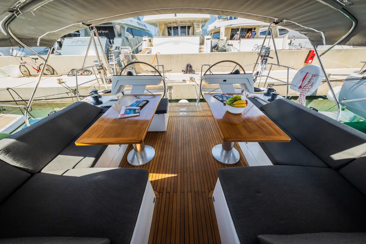 Deck of Wanderlust, a Hanse 460 sailboat at Grad Kaštela, Croatia