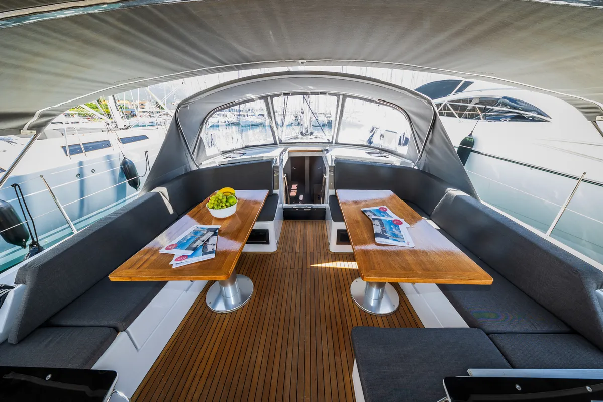 Deck of Wanderlust, a Hanse 460 sailboat at Grad Kaštela, Croatia