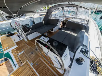 Cockpit of Wanderlust, a Hanse 460 sailboat at Grad Kaštela, Croatia