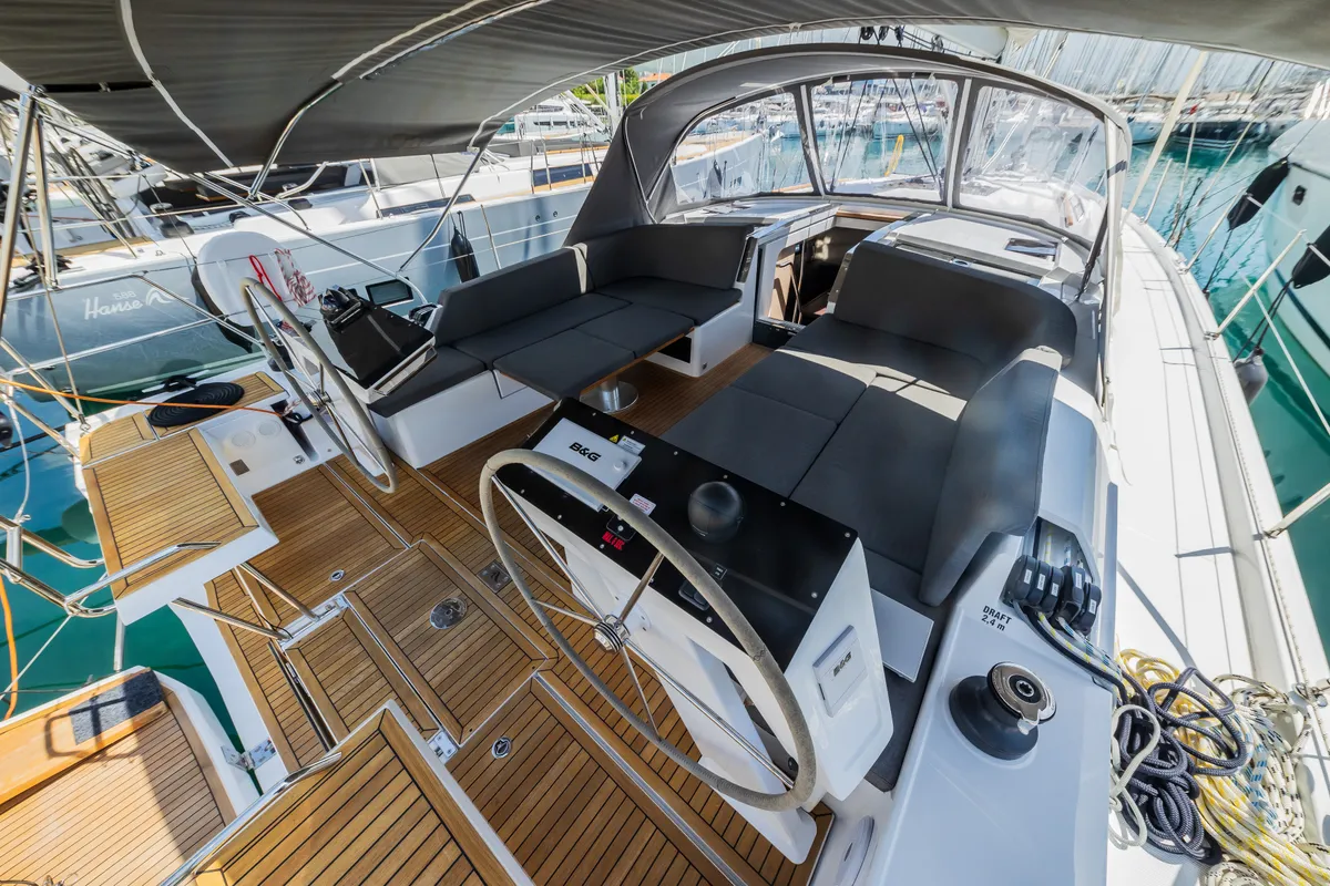 Cockpit of Wanderlust, a Hanse 460 sailboat at Grad Kaštela, Croatia