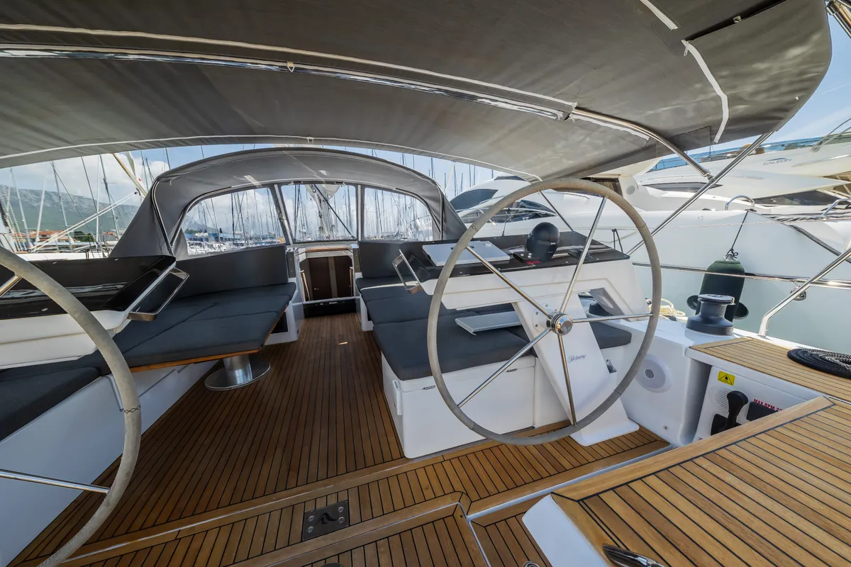 Cockpit of Wanderlust, a Hanse 460 sailboat at Grad Kaštela, Croatia