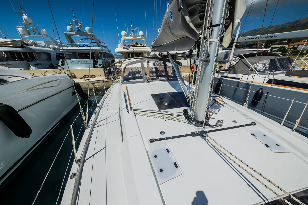 Deck of Wanderlust, a Hanse 460 sailboat at Grad Kaštela, Croatia