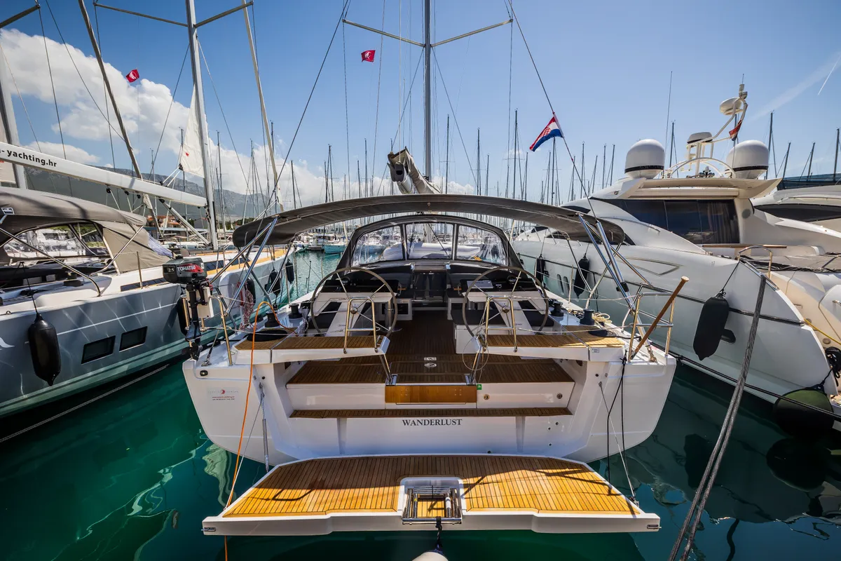 Exterior view of Wanderlust, a Hanse 460 sailboat at Grad Kaštela, Croatia
