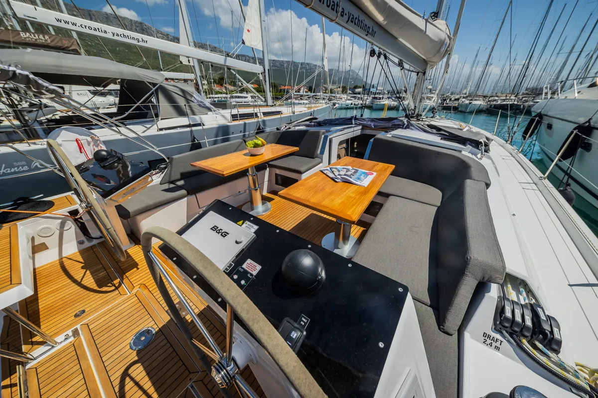Deck of Wanderlust, a Hanse 460 sailboat at Grad Kaštela, Croatia