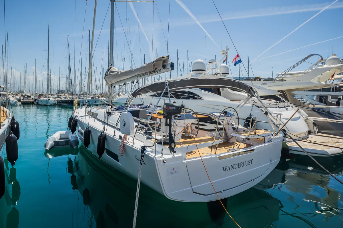 Exterior view of Wanderlust, a Hanse 460 sailboat at Grad Kaštela, Croatia