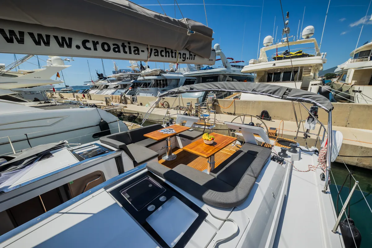 Deck of Wanderlust, a Hanse 460 sailboat at Grad Kaštela, Croatia