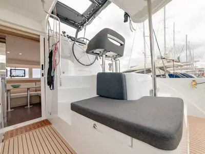 Cockpit of Arca 40, a Lagoon 40 catamaran at Olbia, Italy