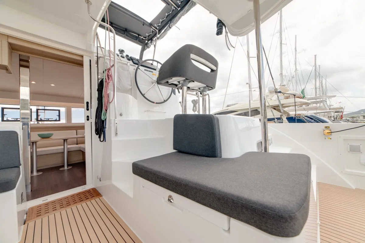 Cockpit of Arca 40, a Lagoon 40 catamaran at Olbia, Italy
