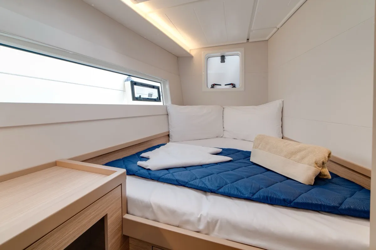 Cabin on Arca 40, a Lagoon 40 catamaran at Olbia, Italy