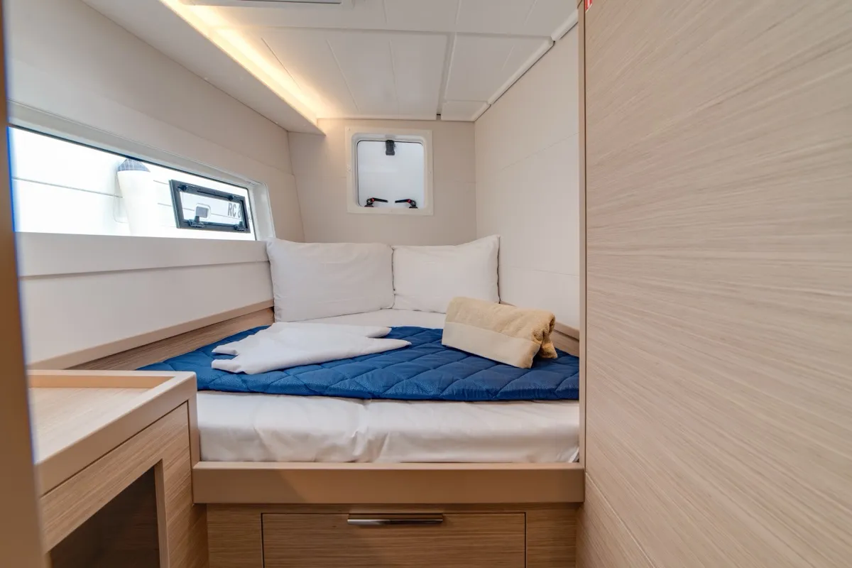 Cabin on Arca 40, a Lagoon 40 catamaran at Olbia, Italy