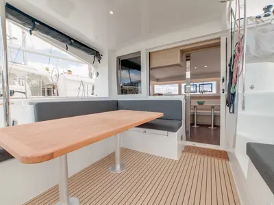 Deck of Arca 40, a Lagoon 40 catamaran at Olbia, Italy