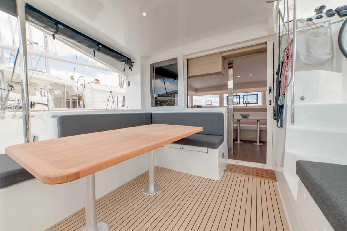 Deck of Arca 40, a Lagoon 40 catamaran at Olbia, Italy