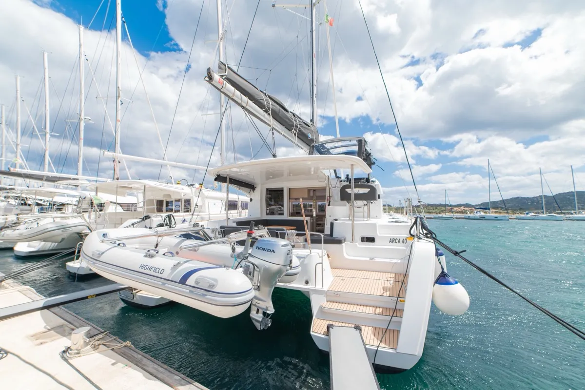 Exterior view of Arca 40, a Lagoon 40 catamaran at Olbia, Italy