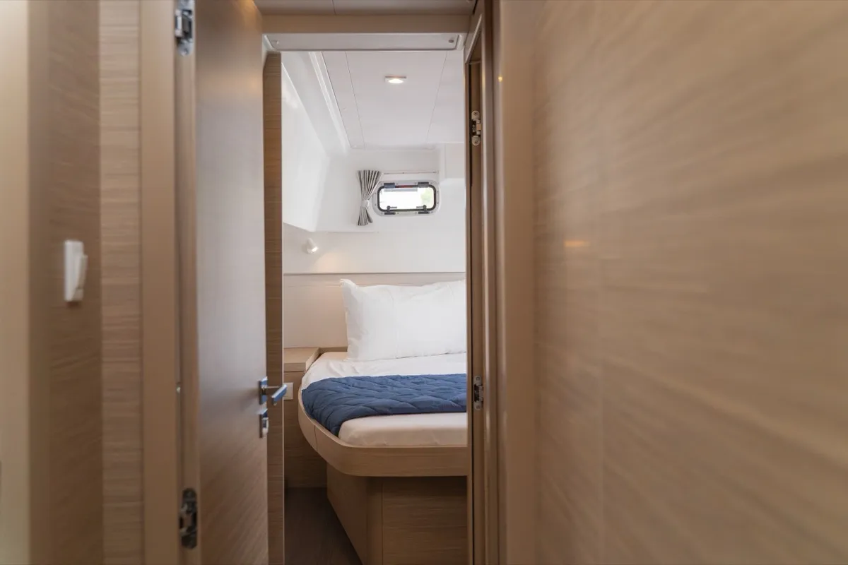 Cabin on Arca 40, a Lagoon 40 catamaran at Olbia, Italy