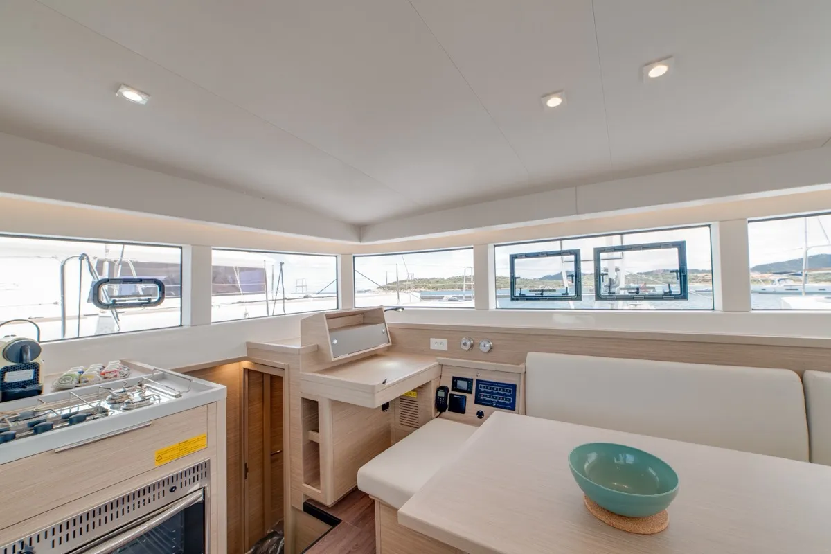 Salon of Arca 40, a Lagoon 40 catamaran at Olbia, Italy
