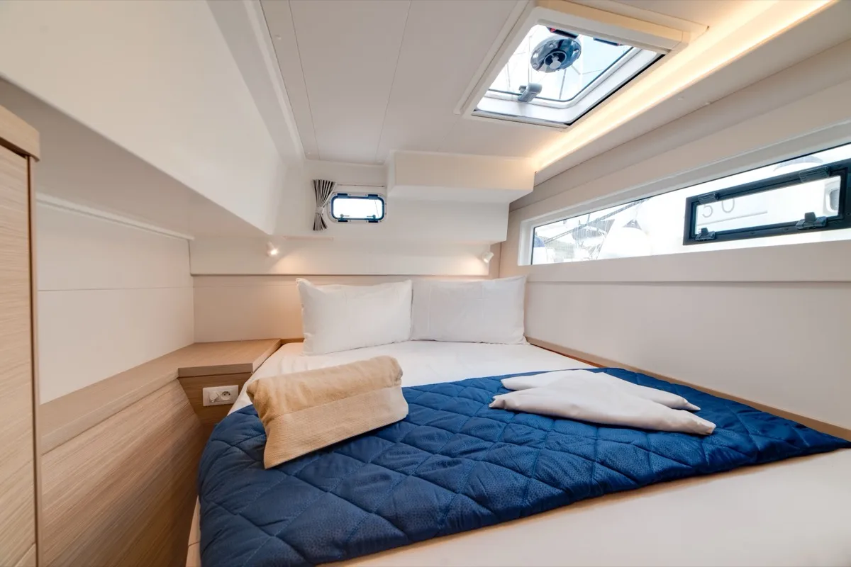Cabin on Arca 40, a Lagoon 40 catamaran at Olbia, Italy