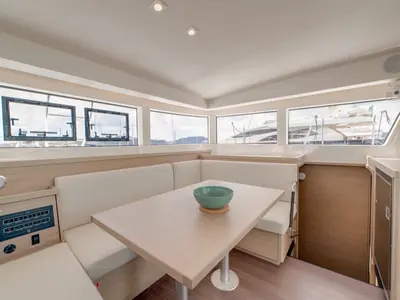 Salon of Arca 40, a Lagoon 40 catamaran at Olbia, Italy