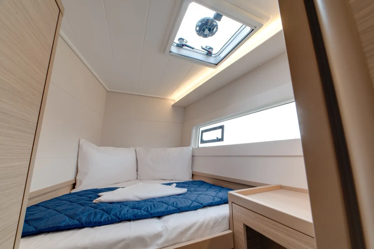 Cabin on Arca 40, a Lagoon 40 catamaran at Olbia, Italy